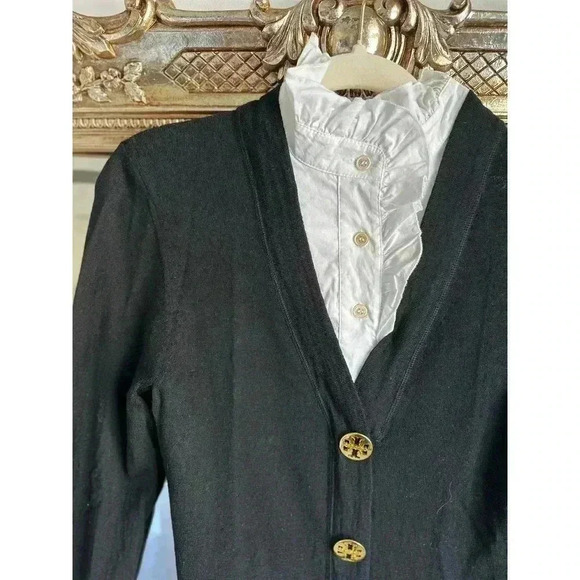 Tory Burch Black Merino Wool Cardigan With Ruffle Collar - Picture 4 of 7